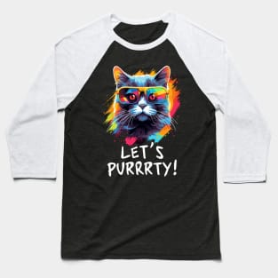 Party Cat in Sunglasses Men Women 90s Retro Pun Funny Cat Baseball T-Shirt